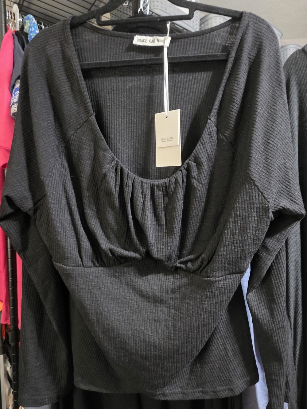 GRACE KARIN Black Ribbed Long-Sleeve Scoop Neck Top
